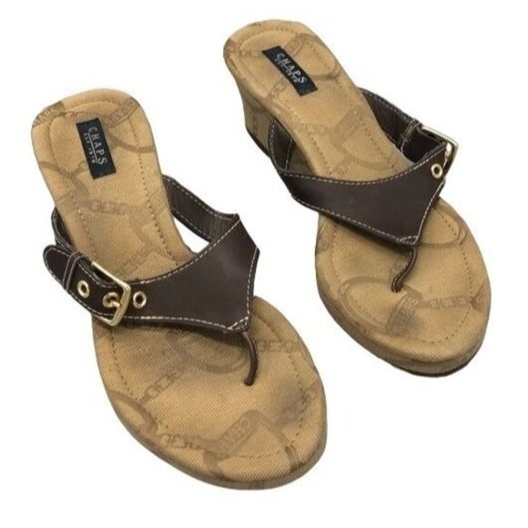 chaps brown wedged buckle high heels sandals flip flats 9.5 READ - Picture 1 of 11